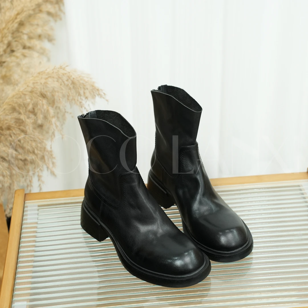 【沐风】时尚百搭女士黑色粗跟秋冬圆头英伦短靴24XZ412LX
