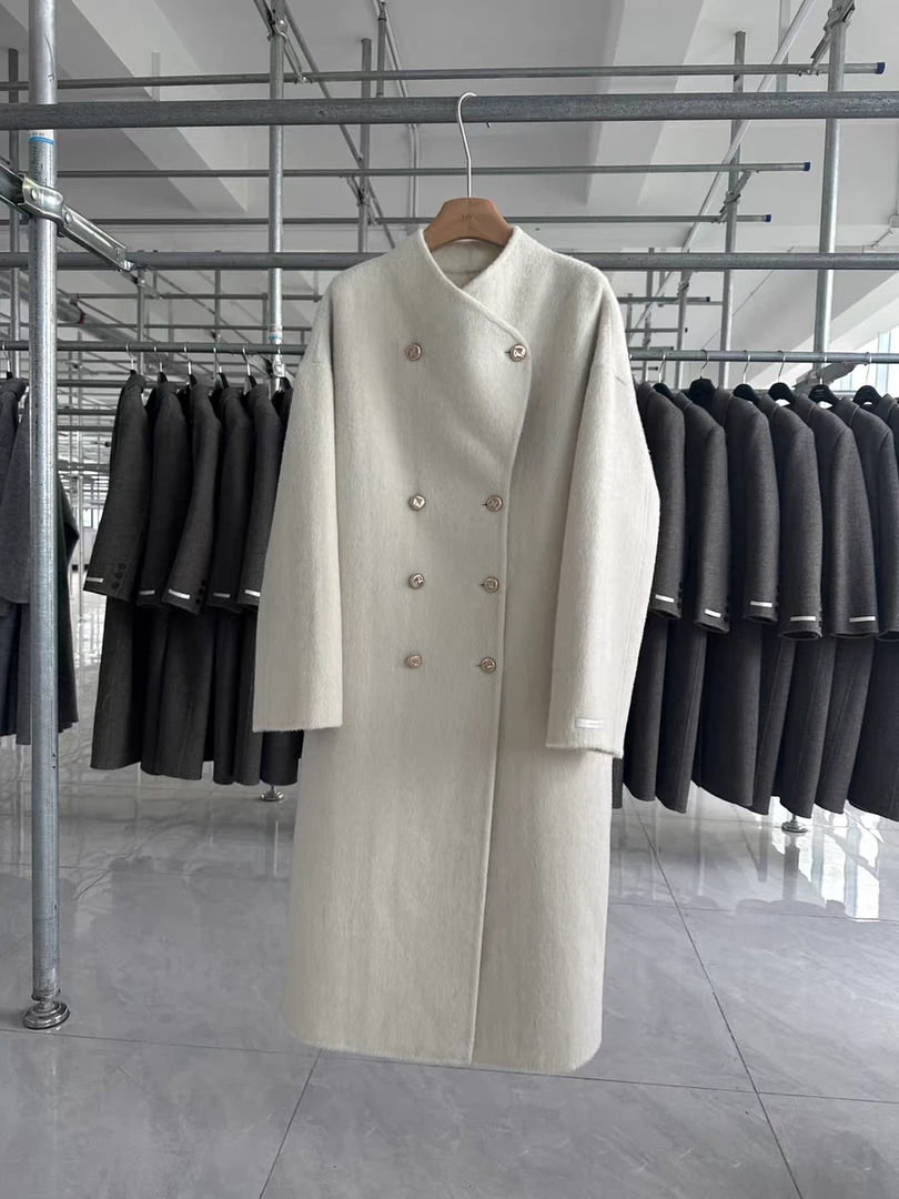 秋冬新款 HD灰色双面呢子大衣女高级感v领毛呢外套