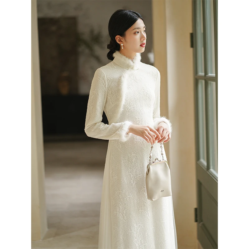 初蝉中国风改良旗袍女秋冬新款拼纱柔美新中式奥黛连衣裙1390-N