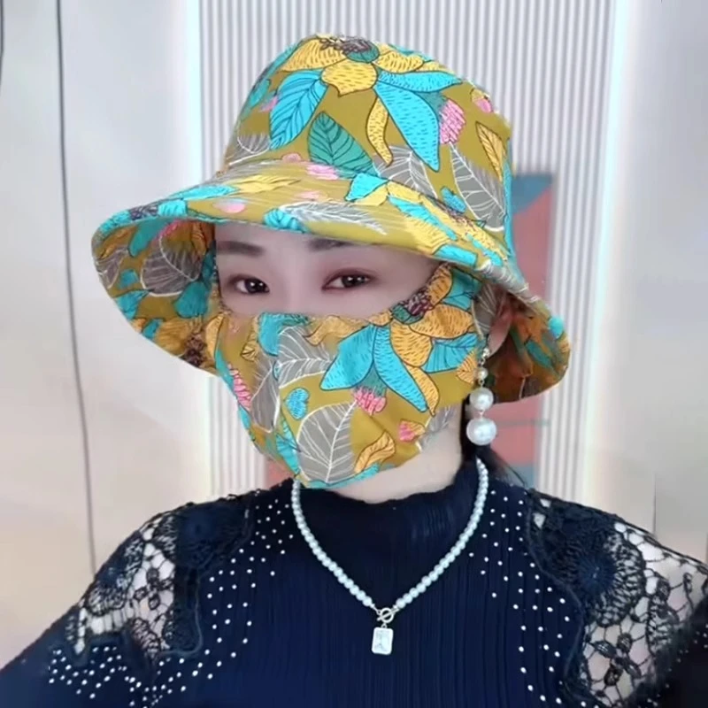 2024新款防晒口罩一体帽子印花遮阳帽防紫外线夏女遮脸渔夫帽户外