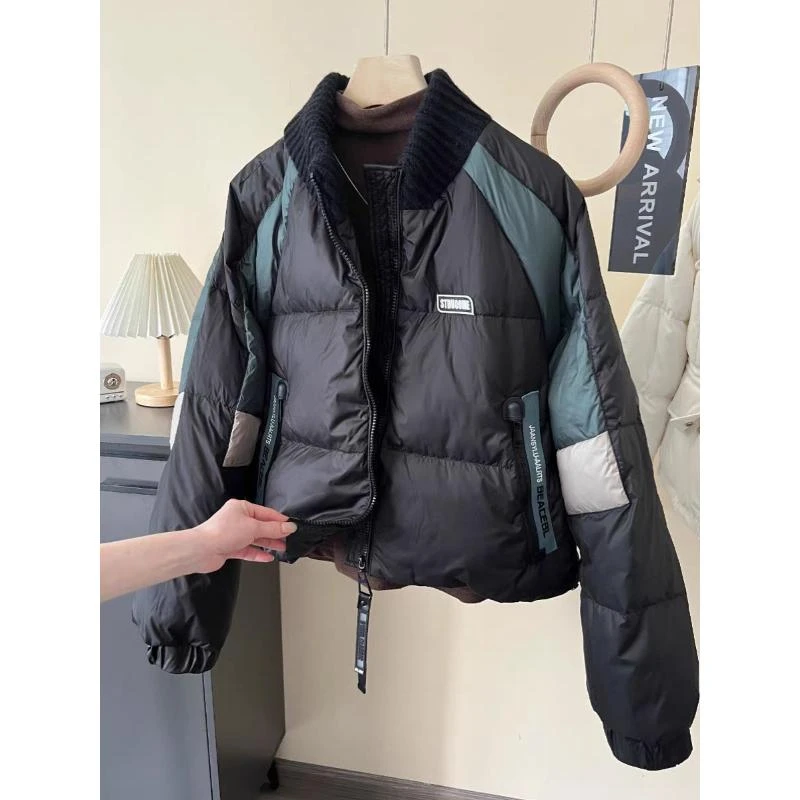 【现货秒发】2023冬装新款毛衣拼接白鸭绒羽绒服女保暖面包服外套