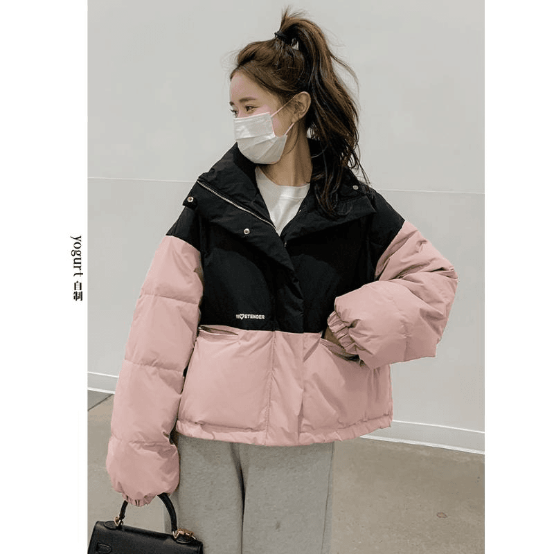 2023新款韩系短款羽绒服女设计感撞色面包服小个子保暖加厚外套冬