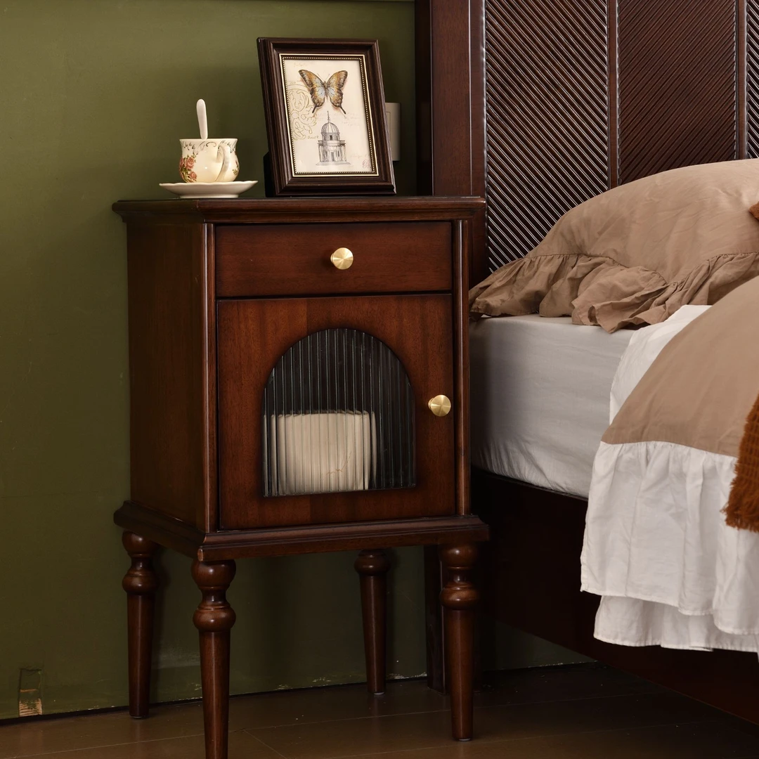 中古美式卧室实木床头柜带抽屉欧式轻奢中古色家用置物简约复古