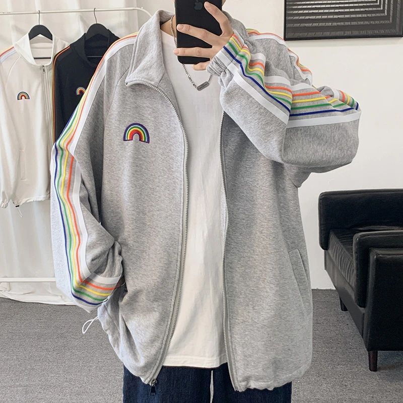 情侣彩虹条纹开衫卫衣男春秋季oversize高中休闲潮牌宽松上衣外套