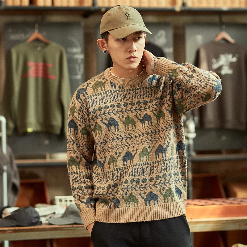 秋冬新款圆领毛衣男潮毛线针织衫外穿宽松复古日系慵懒风百搭上衣
