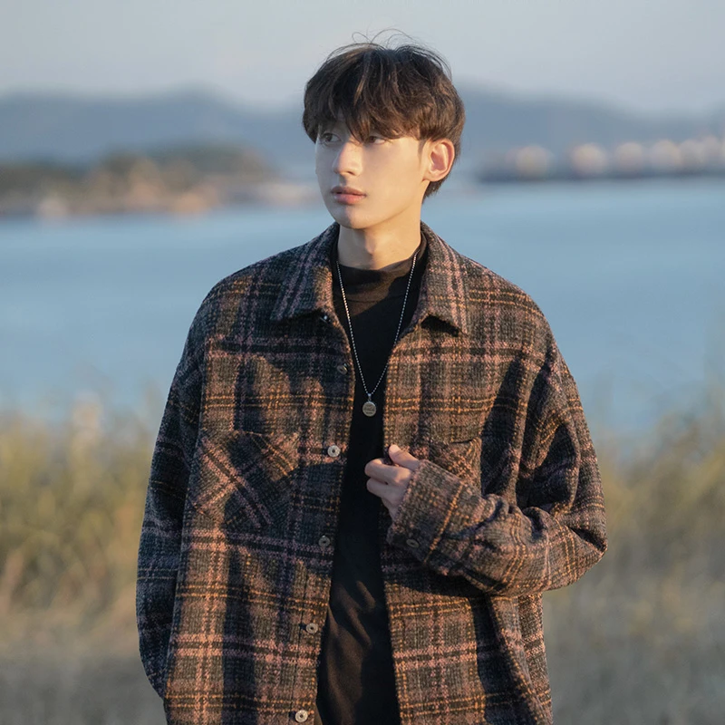 日系复古毛呢小香风外套男春秋潮牌cityboy格子衬衫式夹克情侣装
