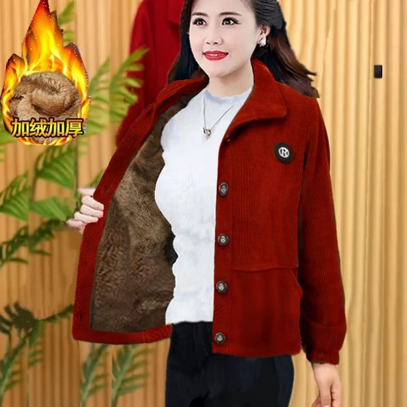 秋冬妈妈时尚灯芯绒上衣减龄外套冬季宽松新款洋气百搭休闲上衣女