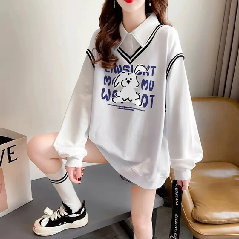 #长袖T恤少女早春秋2023新款学生学院风Polo领假两件卫衣/9734/