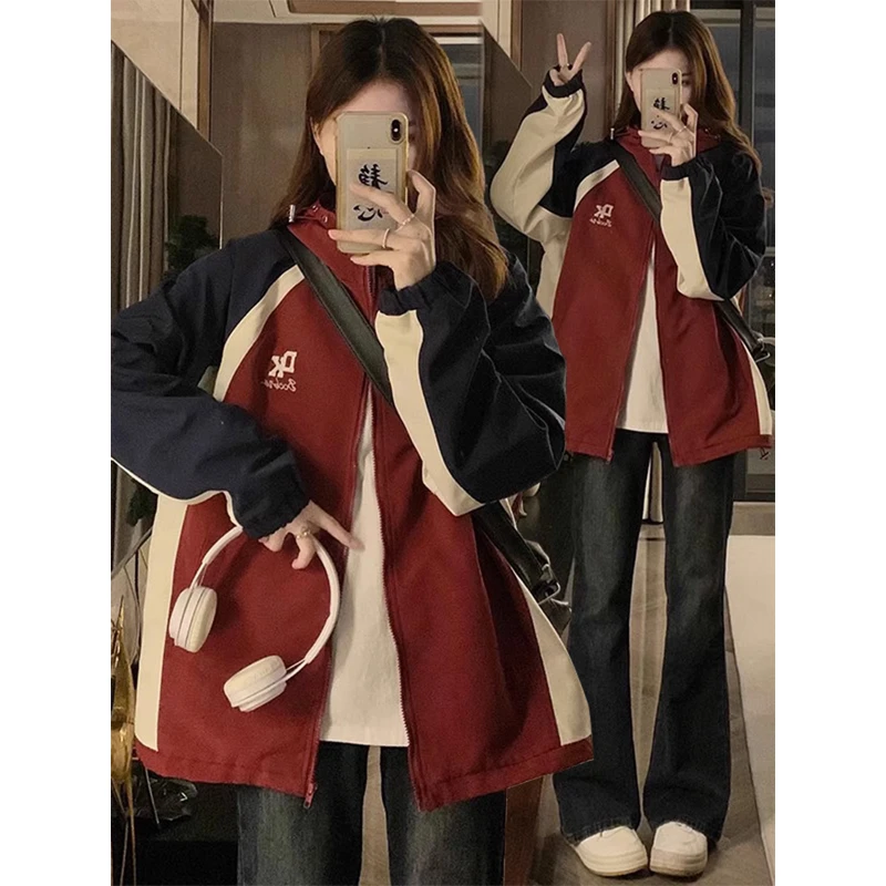 #拼色冲锋衣外套少女生春秋装2023新款学生宽松休闲工装夹克-8252