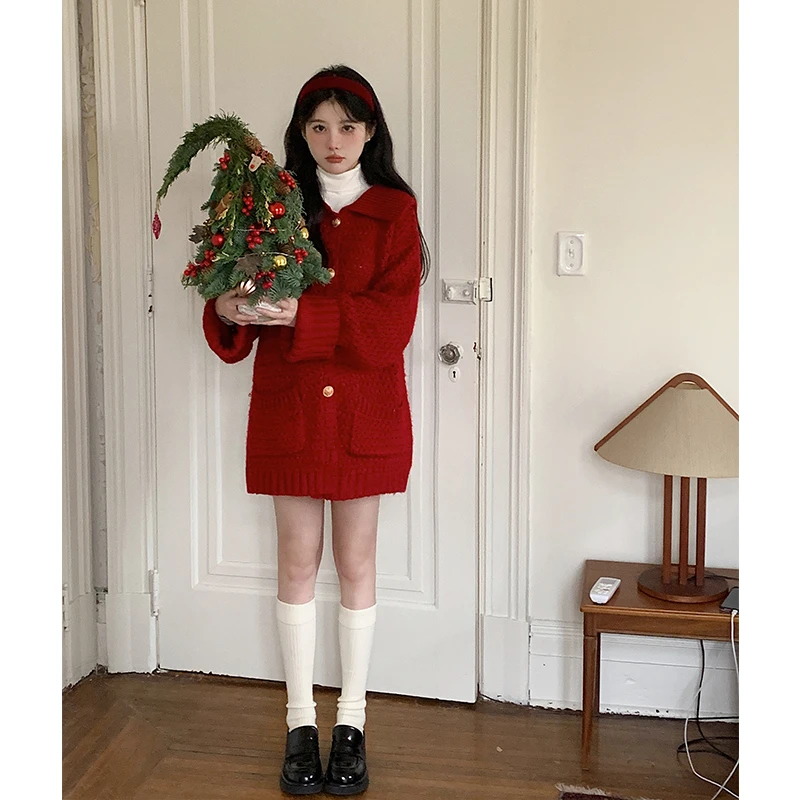 VASSE 兔年本命年慵懒红色毛衣女2022新款秋冬款韩剧穿搭长款上衣