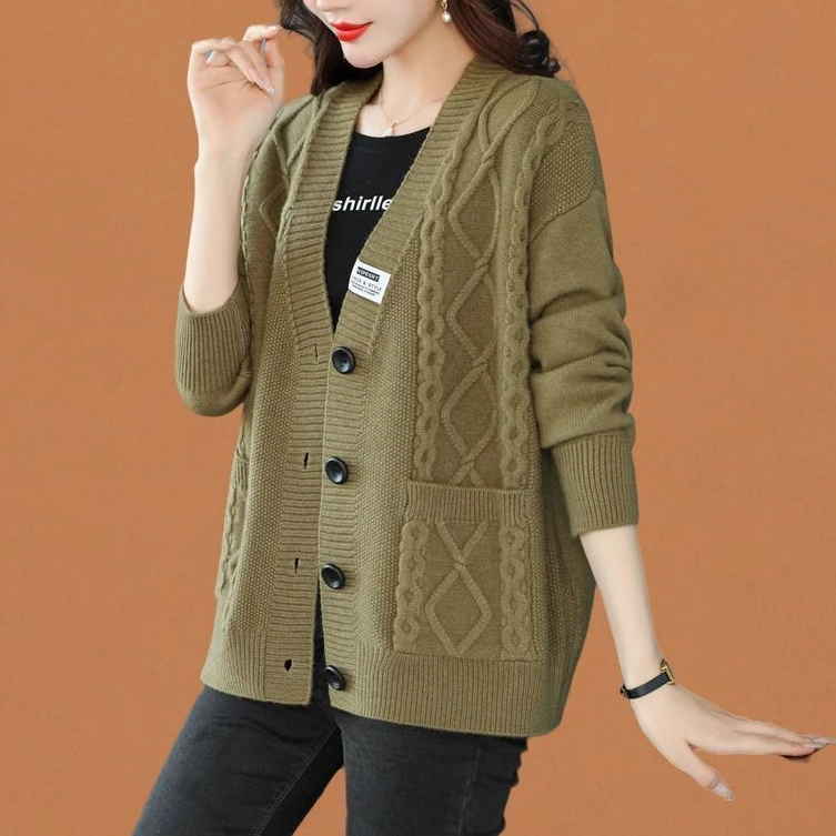 时髦高端宽松休闲百搭春秋针织开衫韩版妈妈气质潮流显瘦纯色毛衣