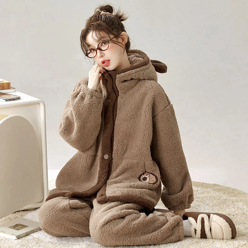 北羔绒连帽睡衣时尚家居服宽松保暖秋冬休闲咖啡色加绒加厚学生