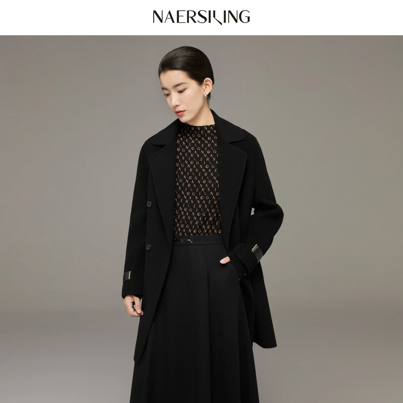 娜尔思大衣时尚休闲黑色双面毛呢中长款LL00606W0-LL00607V1