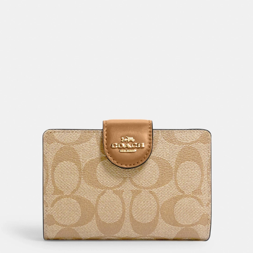 COACH/蔻驰 女士经典时尚奶茶色老花款短钱夹卡包零钱包 C0082