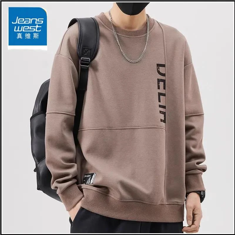 Jeanswest/真维斯秋冬款圆领男士卫衣潮流印花百搭宽松长袖上衣男