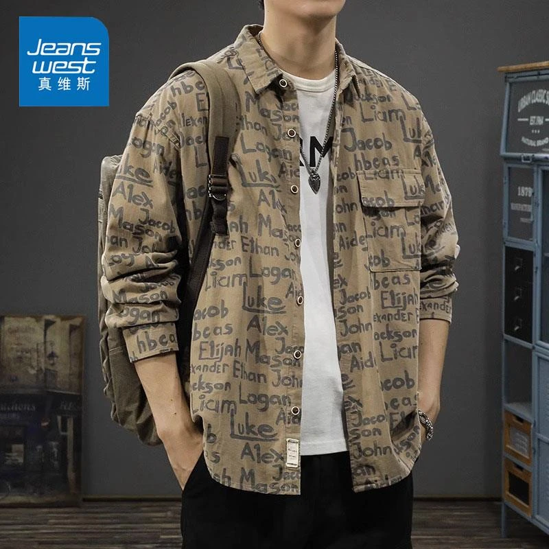 Jeanswest/真维斯美式纯棉长袖衬衫男士秋冬宽松潮牌休闲印花外套