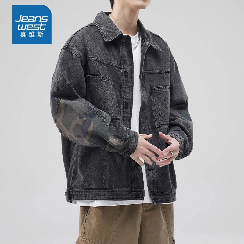 Jeanswest/真维斯秋冬新款男士翻领休闲夹克美式复古工装牛仔外套