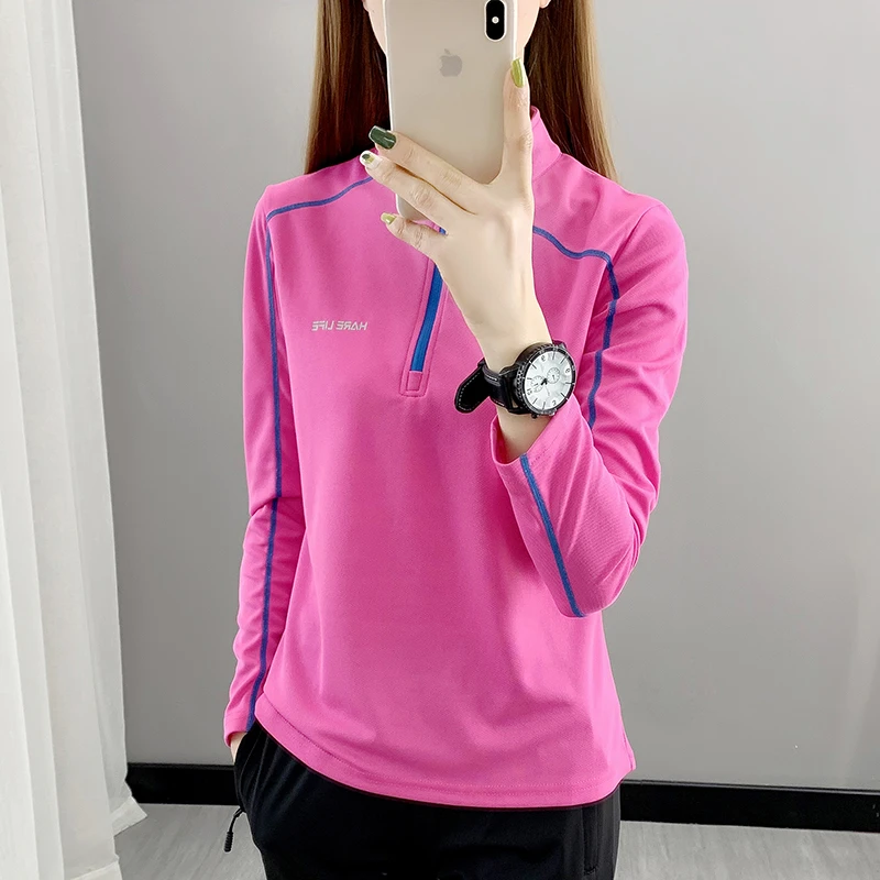 户外防晒立领t恤女徒步登山弹力速干衣大码宽松透气长袖运动上衣