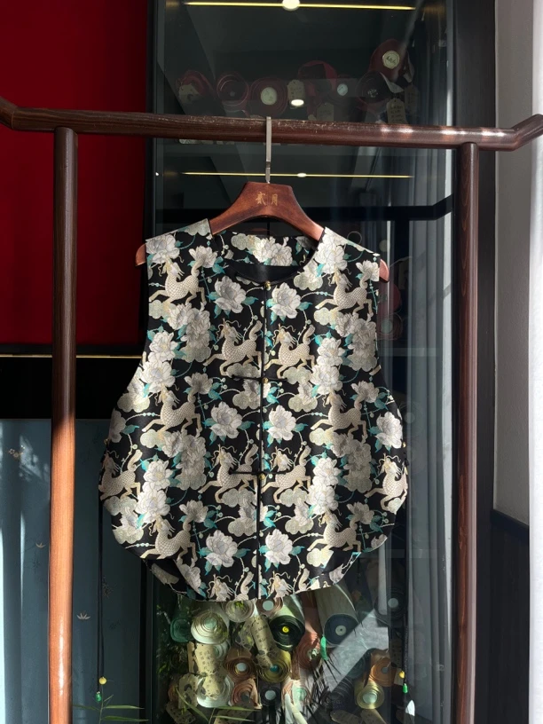 桑蚕丝国风新中式宋锦马甲 李德喜麒麟牡丹宋锦马甲 个性气质马甲