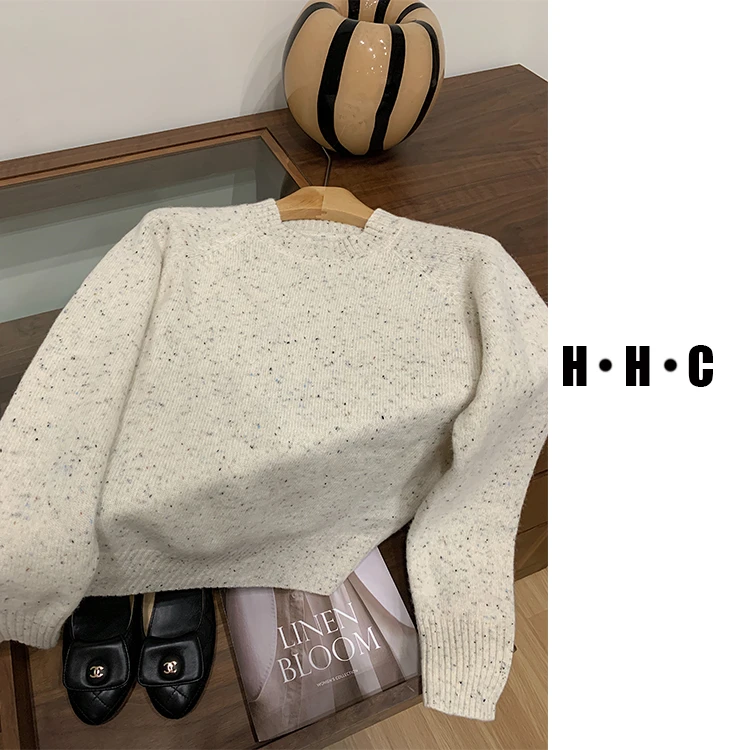 【花花菜】100羊毛洋气杂色 秋冬气质圆领套头长袖毛衣女
