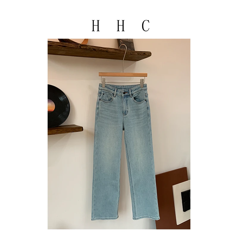 【花花菜】冬季新品 极简风蓝色百搭复古水洗加绒窄腿直筒牛仔裤女