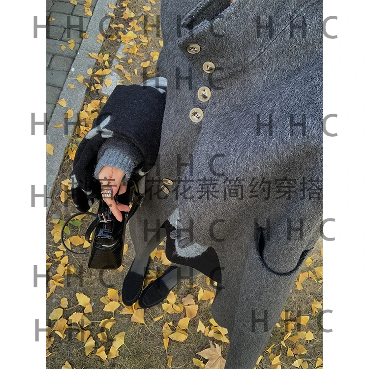 【花花菜】冬季新品 极简立领休闲双面大衣外套女