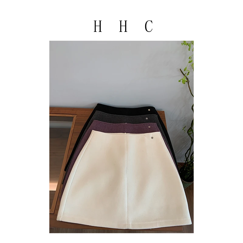 【花花菜】秋冬新品 极简风气质显瘦纯色A字裙百搭高腰毛呢半身裙女