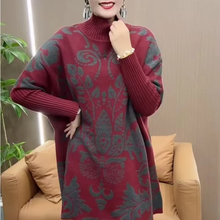 冬季保暖加厚款大码针织衫2025新款宽松显瘦时尚印花中长款打底衫