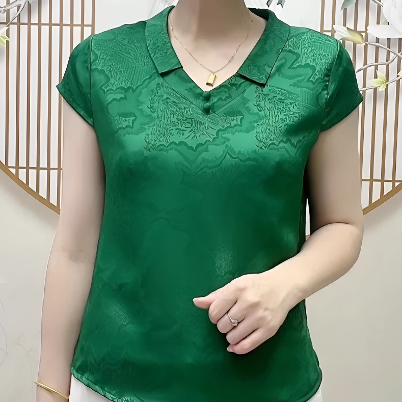 【反季清货】夏款国风缎面时尚印花小衫新款妈妈休闲百搭短袖T恤