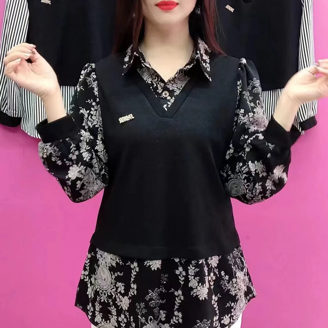 春款长袖衬衫时尚碎花拼接假两件妈妈装2025新款宽松遮肚打底衫女