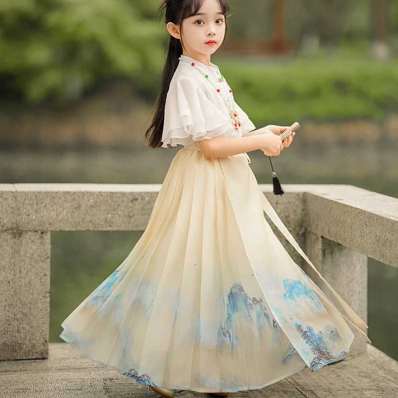 （千里江山）汉服女童马面裙夏季短袖薄款超仙中国风裙古装高端汉服