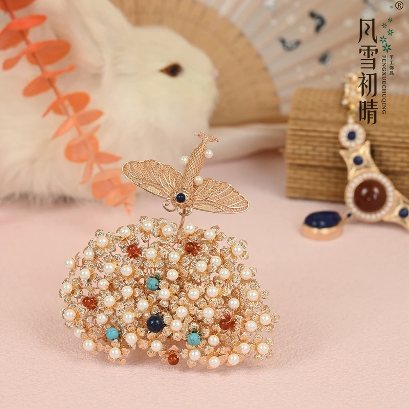 风雪初晴闹蛾冠 李静训同款手工设计古风精致唐风复原发饰少女