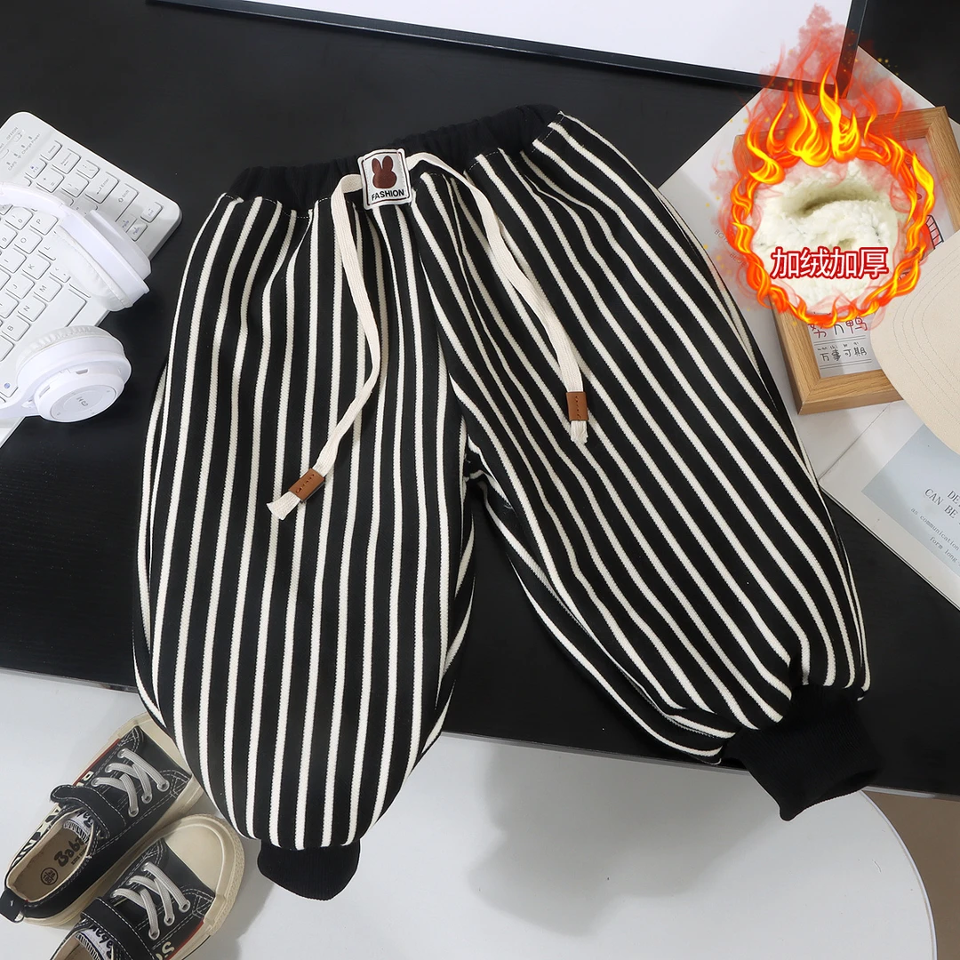 春秋冬季儿童长裤韩版男童女童休闲裤童装宝宝加厚加绒条纹绒裤