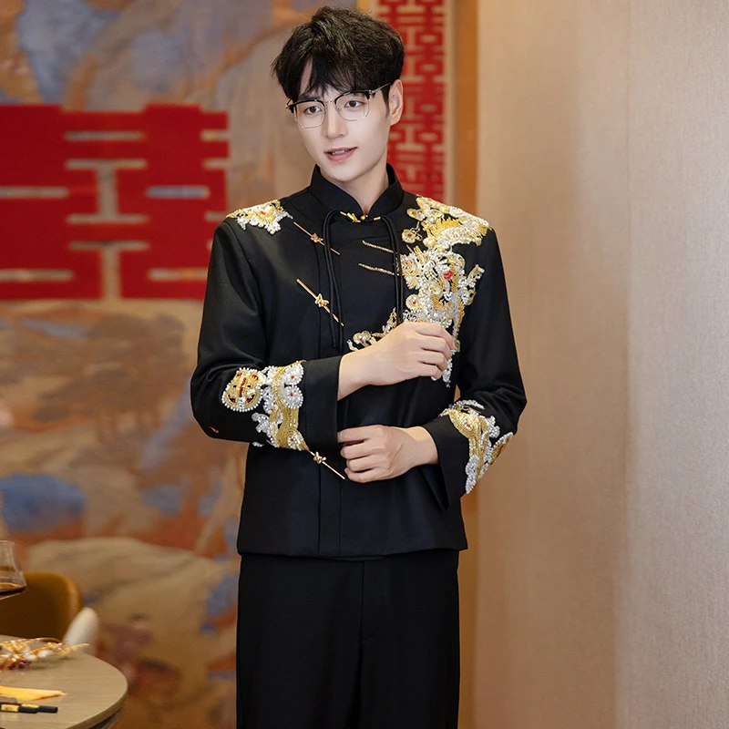 新中式中山装新郎接亲结婚订婚礼服西服男套装2025大码男士黑色