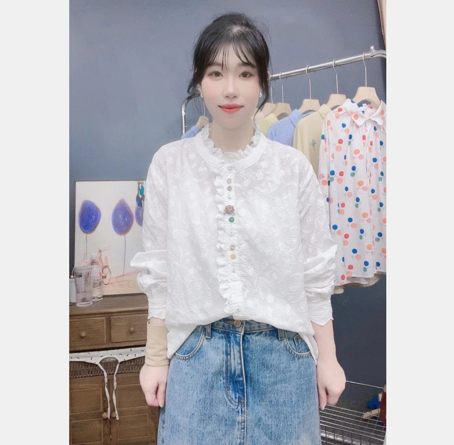 2024新款日系宽松甜美刺绣木耳领长袖衬衫女百搭显瘦纯棉精致上衣