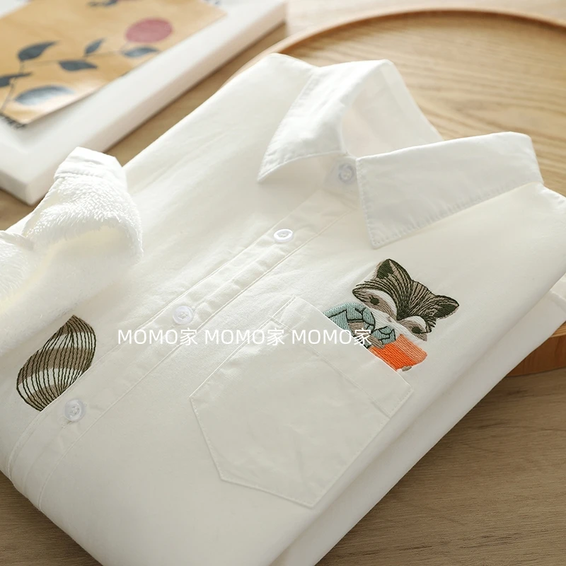 小狐狸刺绣简约加绒衬衫女文艺气质纯棉翻领长袖衬衣女打底加厚款