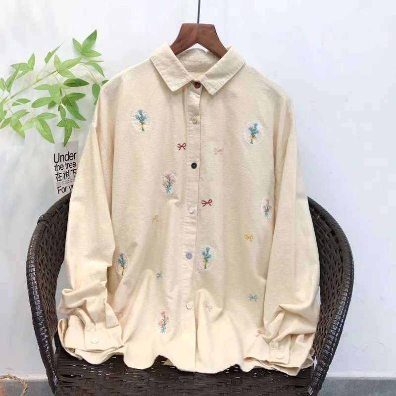 纯棉磨毛长袖刺绣衬衫女 秋冬新款设计感绣花复古百搭打底衫衬衣