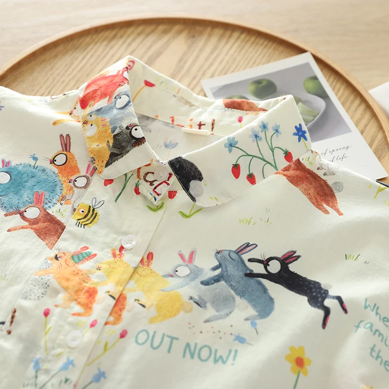 设计感小众彩色涂鸦兔子印花长袖衬衫女秋季新款韩版宽松休闲上衣