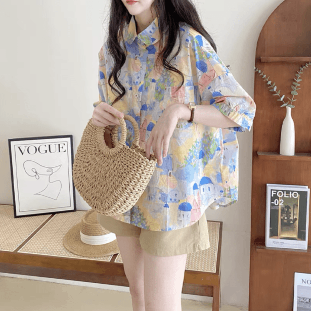 娃娃领衬衫女夏款2023年新款宽松原宿风手绘油画涂鸦棉质短袖上衣