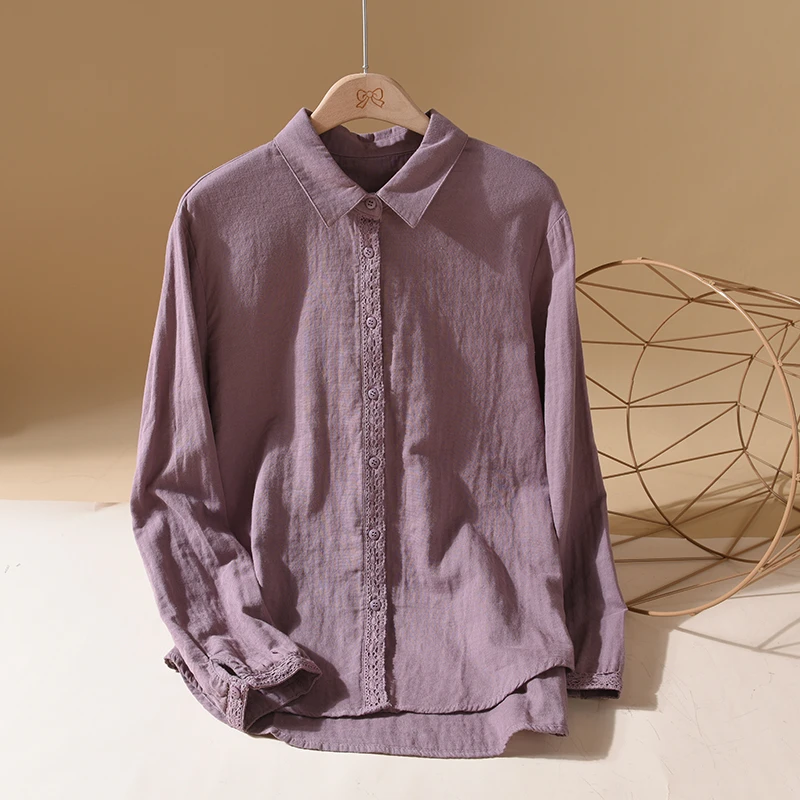 蕾丝拼接纯棉长袖衬衫女2023春季宽松洋气小众上衣复古打底衫衬衣