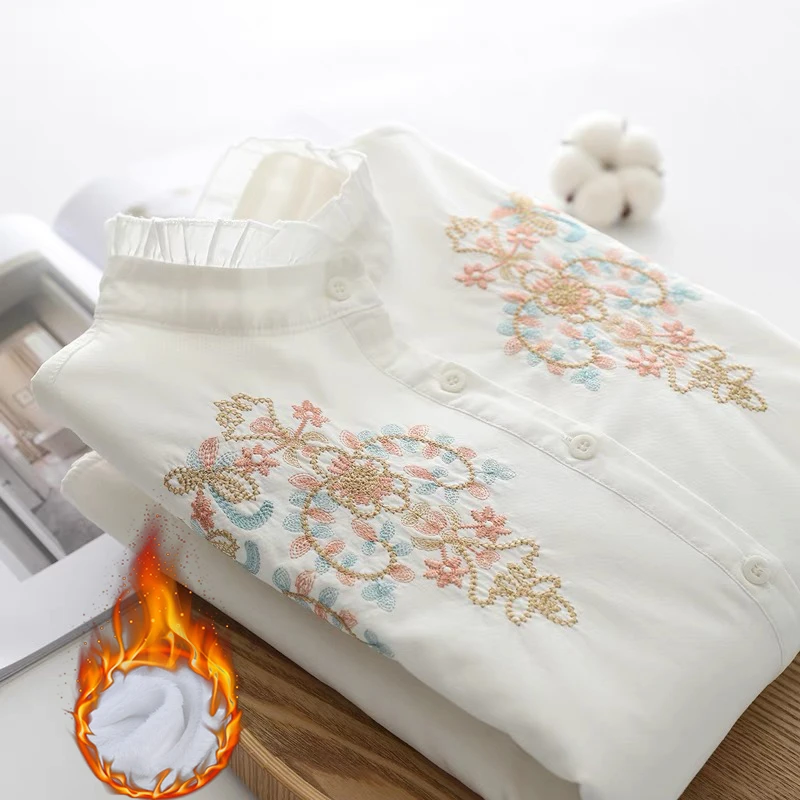 加绒保暖刺绣长袖衬衫女百搭2023秋装新品白色加厚女士内搭衬衣