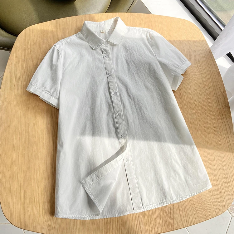 日系学院风纯棉短袖白衬衫女2023夏季新款宽松翻领设计感小众上衣