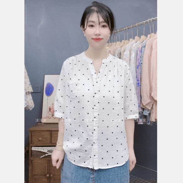 小V领印花中袖衬衫女2024夏季新款时尚洋气宽松显瘦百搭衬衣