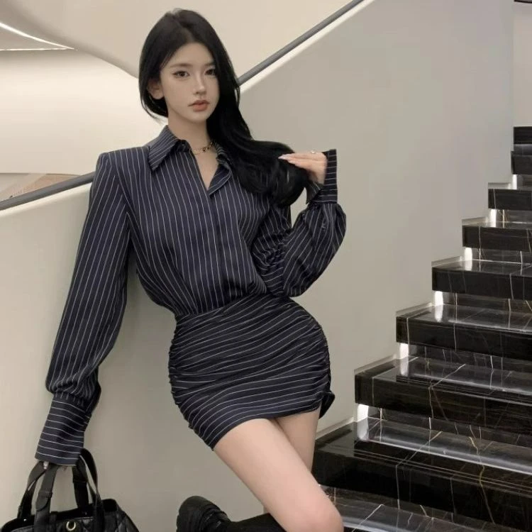 长袖Polo领衬衫连衣裙春秋衬衣裙中长款洋气老钱风包臀短裙