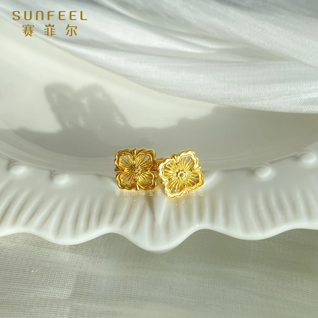 SUNFEEL/赛菲尔足金宫廷风布家耳钉黄金耳钉弯钩款精致优雅2.5克