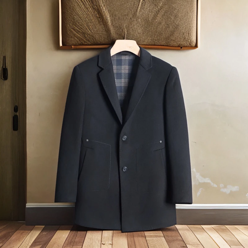 2024秋冬季高端男士西装领加内衬双面双层厚款羊毛大衣棉羊毛