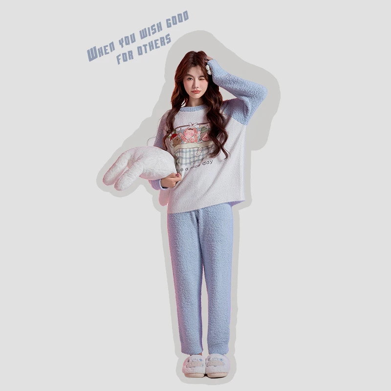 芮迪欧毛衫软绵绵睡衣女少女可爱家居服套装长袖女半边绒睡衣秋冬
