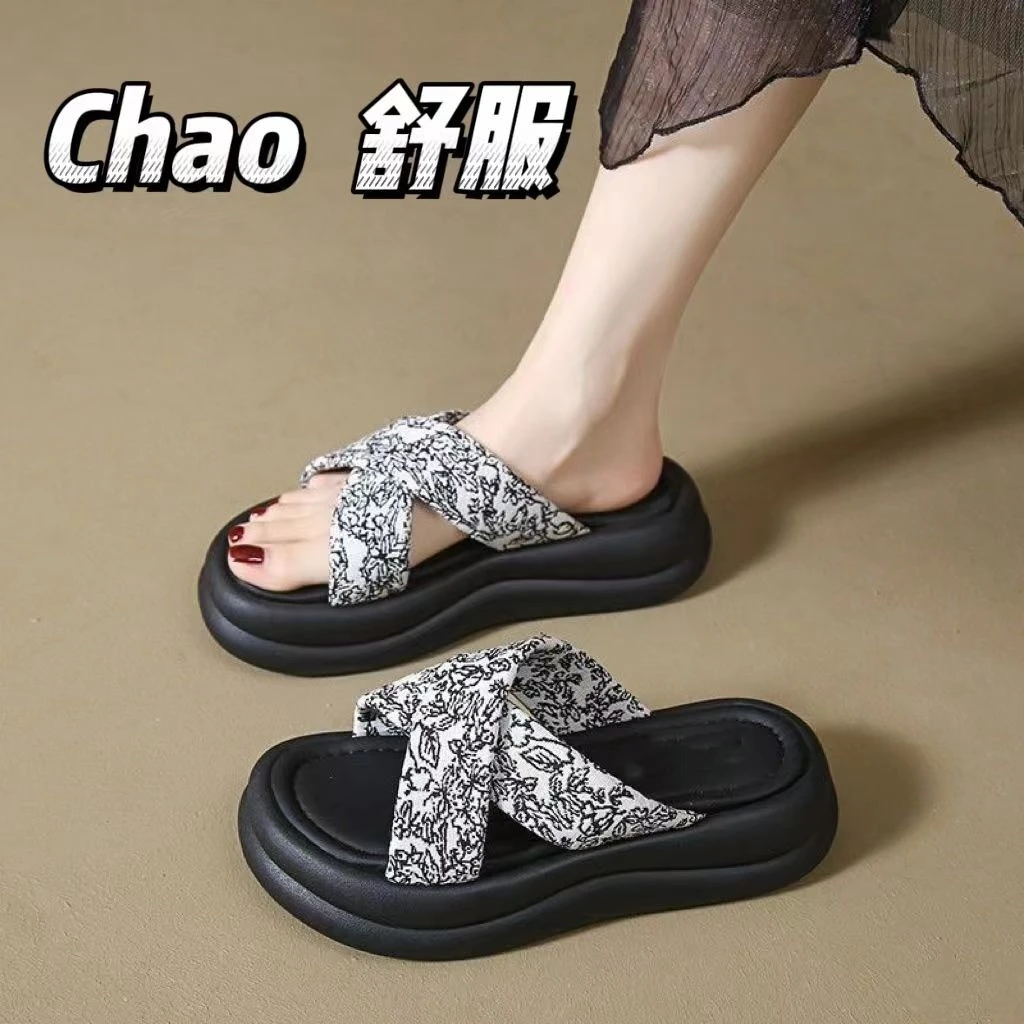 新中式国风厚底拖鞋女2024新款夏季时尚交叉带沙滩外穿防滑凉拖鞋