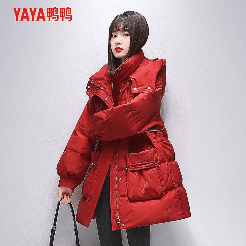 YAYA/鸭鸭女中长款羽绒服冬季新款时尚连帽收腰外套-YE2B624535H