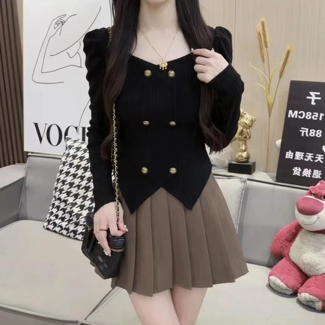 【现货】2025春季新款甜美纯欲小香风双排扣长袖修身针织打底衫